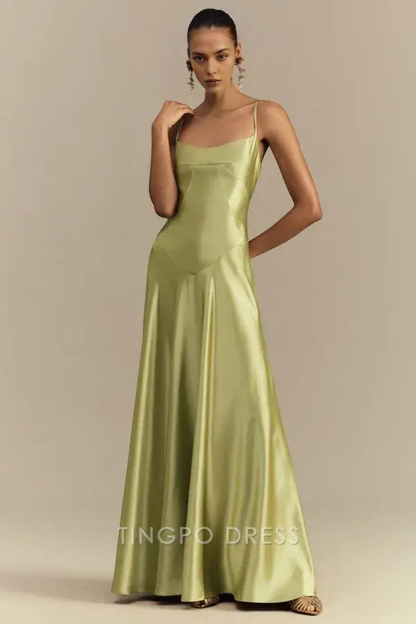 Elegant Sheath/Column Spaghetti Strap Satin Maxi Dress with Lace - Up Back Prom Dress